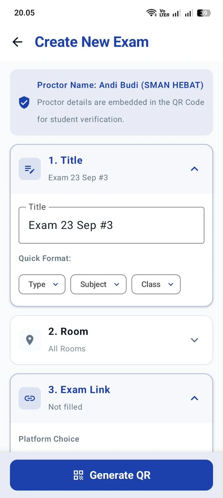 Tangkapan layar form buat sesi ujian di MyExam Proctor