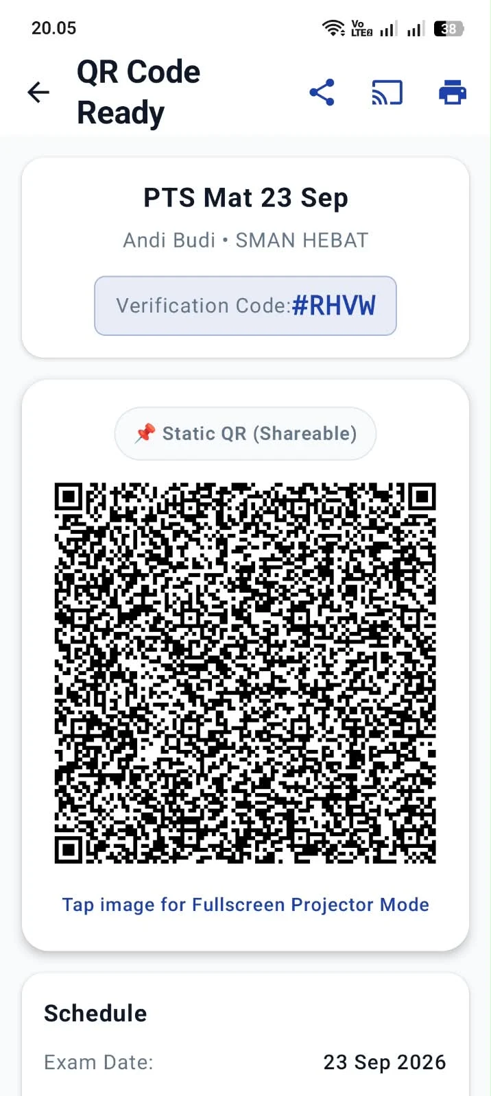 Tangkapan layar tampilan QR code sesi ujian di MyExam Proctor